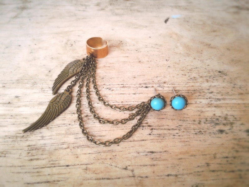 Boho Angel Wing Ear Cuff Earrings Set Turquoise Howlite Earrings Feather Ear Cuff Hipster Ear Cuff Draping Chain Ear Cuff Bohemian Earrings