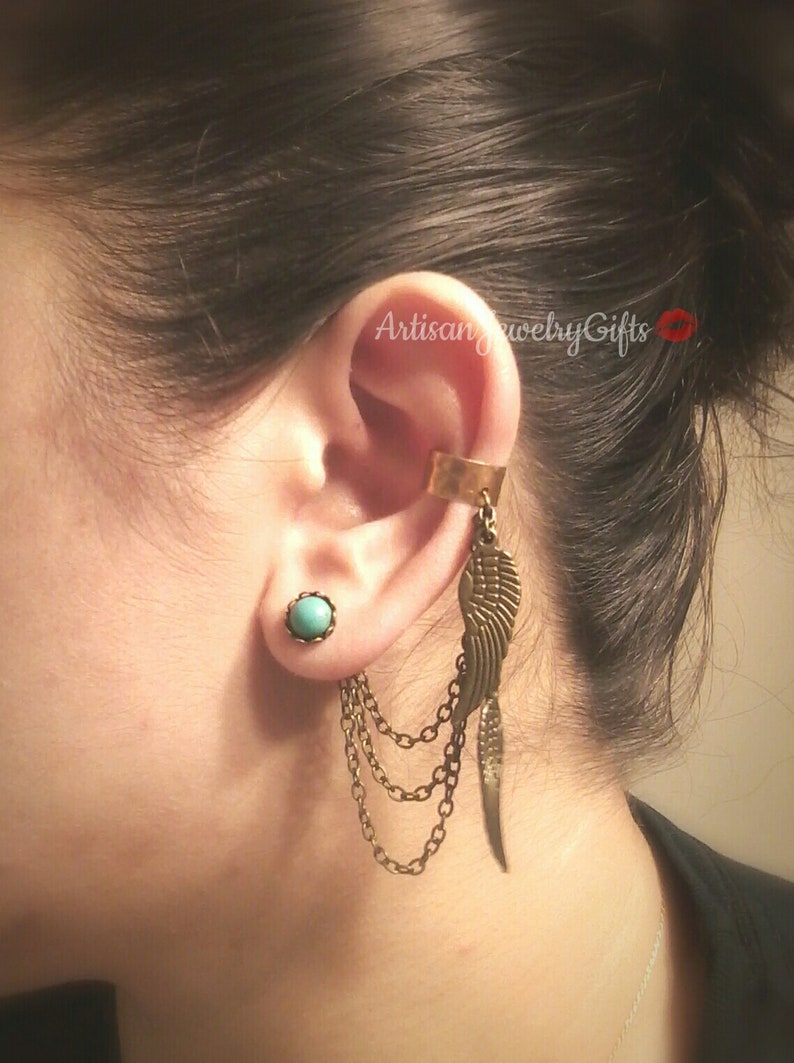 Boho Angel Wing Ear Cuff Earrings Set Turquoise Howlite Earrings Feather Ear Cuff Hipster Ear Cuff Draping Chain Ear Cuff Bohemian Earrings