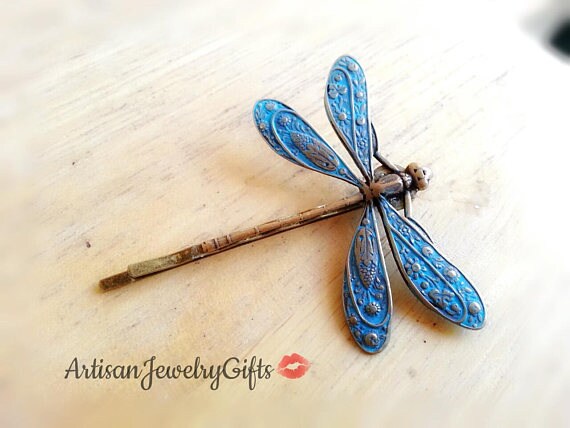 Blue Patina Dragonfly Bobby Pin Blue Dragonfly Hair Clip Etsy