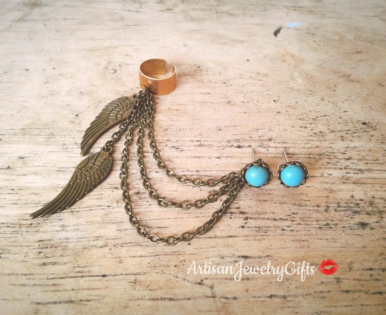Boho Angel Wing Ear Cuff Earrings Set Turquoise Howlite Earrings Feather Ear Cuff Hipster Ear Cuff Draping Chain Ear Cuff Bohemian Earrings
