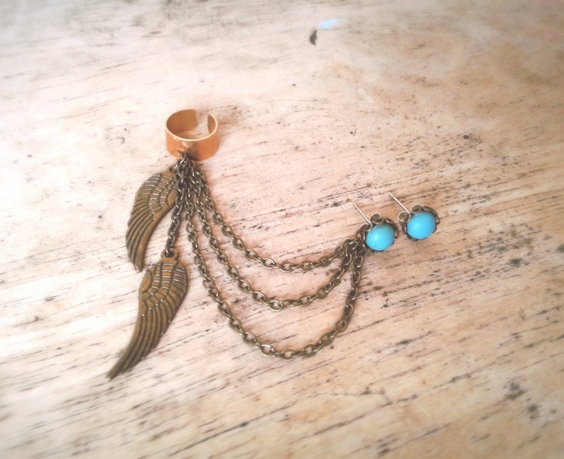 Boho Angel Wing Ear Cuff Earrings Set Turquoise Howlite Earrings Feather Ear Cuff Hipster Ear Cuff Draping Chain Ear Cuff Bohemian Earrings