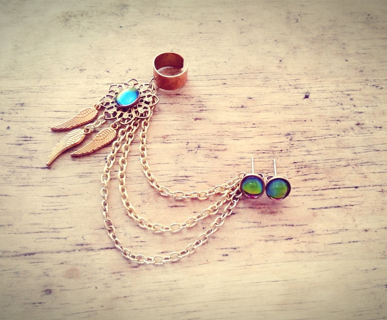 Boho Rainbow Dream Catcher Ear Cuff Earrings Set Dreamcatcher Ear Cuff Bohemian Earrings Rainbow Gem Earrings Draping Chain Ear Cuff
