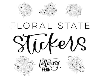 Floral State Stickers | Black and White | State Outline | Waterbottle Sticker | Vinyl Sticker