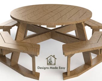 Op de afbeelding: Een houten picknicktafel met een ronde bovenkant en zes banken. De tafel en banken zijn gemaakt van natuurlijk hout met een lichtbruine afwerking.