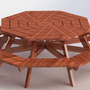 K&ouml;nnte beinhalten: Ein achteckiger Picknicktisch aus Holz mit einem Mitteltisch und sechs B&auml;nken. Tisch und B&auml;nke sind aus Naturholz mit einer rotbraunen Oberfl&auml;che.