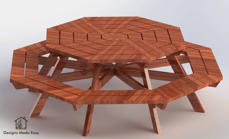 K&ouml;nnte beinhalten: Ein achteckiger Picknicktisch aus Holz mit einem Mitteltisch und sechs B&auml;nken. Tisch und B&auml;nke sind aus Naturholz mit einer rotbraunen Oberfl&auml;che.