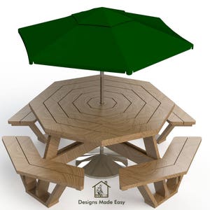 Könnte beinhalten: Ein achteckiger Picknicktisch aus Holz mit drei Bänken und einem grünen Sonnenschirm. Der Tisch hat einen Mittelpfosten und eine runde Basis.