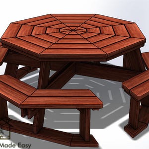 May include: Octagonal wooden picnic table with six benches. The table and benches are made of dark brown wood.