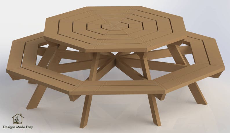 K&ouml;nnte beinhalten: Achteckiger Holzpicknicktisch mit an den Seiten befestigten B&auml;nken. Tisch und B&auml;nke sind aus naturbraunem Holz.