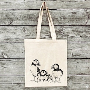 Hand printed jute bag gym bag Puffin