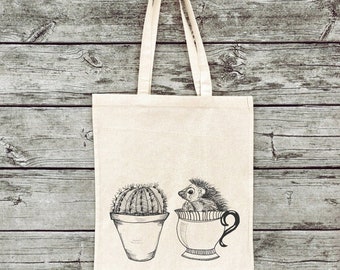 Hand printed bag small hedgehog and cactus jute bag fabric bag