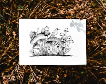 Postkarte In the woods Wald Pilze Herbst