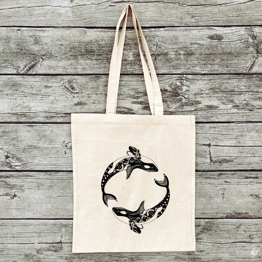 Hand-printed jute bag gym bag Orca whale