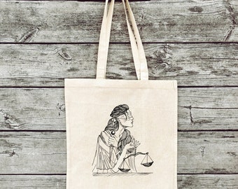 Hand-Printed Jute Bag Gym Bag Feminism Justitia