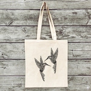 Hand-printed jute bag, gym bag hummingbird