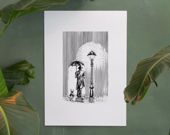 Kunstdruck Poster Fine Art Mann mir Schirm und Hase