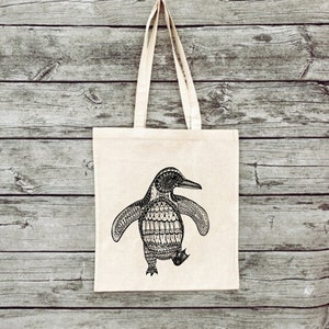Hand-printed jute bag gym bag penguin