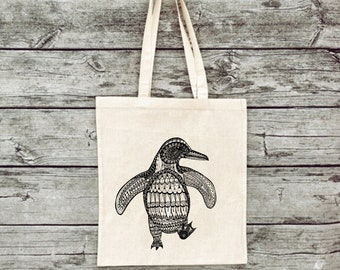 Hand-printed jute bag gym bag penguin