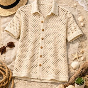 May include: Cream-colored, short-sleeved crochet shirt with wooden buttons. The shirt is displayed on a sandy beach with a straw hat, sunglasses, seashells, and a rope. A casual, beach-themed garment.