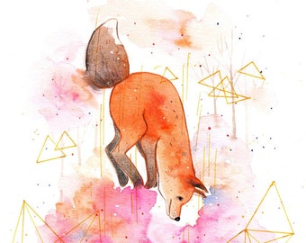 Jump Into The Unknown - PRINT ; Unique Watercolor Painting ; Unique Gift ; Birthday Present ; Nature Painting ; Fox Lovers ; Home Decor