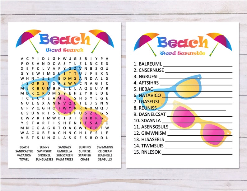 set of 2 beach word games word search and word scramble etsy
