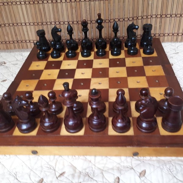 Vintage Original Soviet Chess Set with board 1950s USSR //  Rare original chess set // Wooden chess set 1950s.