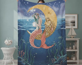 Mermaid In The Moon Plush Blanket, Moonlit Ocean Throw, Cozy Fleece Blanket, Boho Coastal Decor, Mermaid Lover Gift