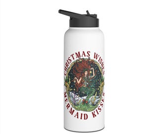 Weihnachten Meerjungfrau 32 Unze Edelstahl Wasserflasche | Urlaub Mermaid Tumbler, Küstenweihnachtsstrand Geschenk, Wiederverwendbare Thermosflasche