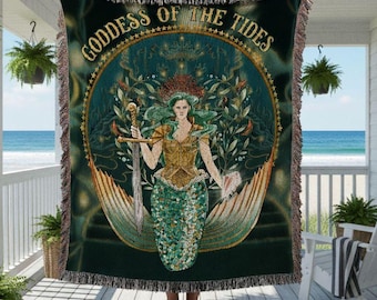 Goddess of the Tides Mermaid Woven Blanket| Ocean Fantasy Throw, Sea Witch Decor, Cotton Tapestry, Mermaid Lover Gift, Nautical Home Decor
