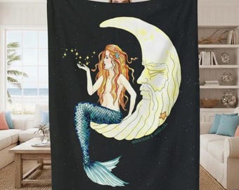 Mermaid In The Moon Plush Blanket, Moonlit Ocean Throw, Cozy Fleece Blanket, Boho Coastal Decor