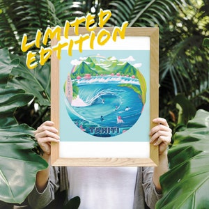Limited Edition Insel Poster - TAHITI - Teahupoo Surf Kunst Aloha Illustration tropische Inseln Surfen Ozean Wellen Kunstdruck -giclée Quali