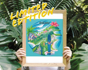 Limited Edition! OAHU Hawaii - Island Poster Aloha surf art illustration tropical islands surfing ocean waves art print - giclée quality