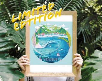 Limited Edition! TAHITI - Island Poster Teahupoo surf art Aloha illustration tropical islands surfing ocean waves print - giclée quality
