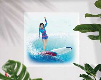 Ladyslider - ocean longboard surfer girl surf art print poster in giclée quality