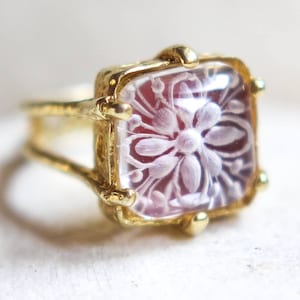 18k solid gold red intaglio engagement signet rock crystal quartz ring, greek jewelry, celestial hand engraved flower, enamel  mystic ring