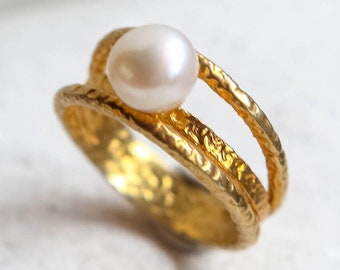 18k solid gold pearl engagement ring, wedding ring, greek jewelry, designer bridal ring, love ring