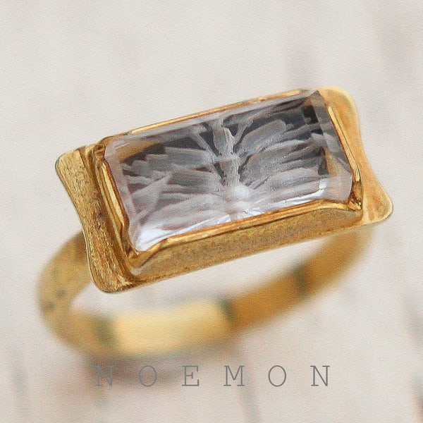 crystal quartz ring, gold plated ring, rock crystal ring, solid silver ring , intaglio ring, flower ring, hand engraved rock crystal