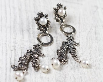 pearl long bridal sterling silver drop earrings, greek jewelry, brutalist oxidised boho earrings