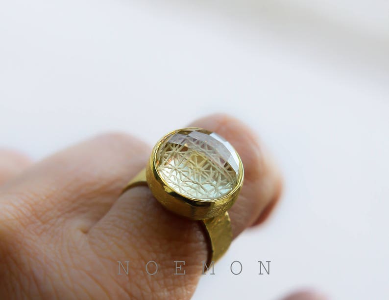 meditation gold plated ring engraved gem healing crystal sterling silver ring lemon quartz ring intaglio ring fine jewelry yoga ring