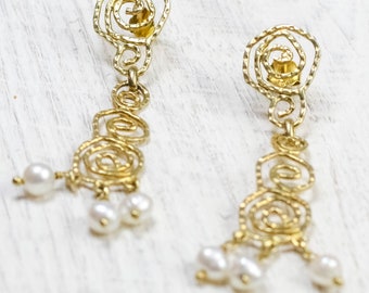 long bridal pearl drop silver earrings, dangle gold sterling silver wedding earrings, greek jewelry, spirals earrings