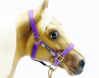 Sewn* BREYER or PETER STONE Traditional 1:9 Horse Halter & Lead Rope Set with Name Plate - Adjustable - 58 colors