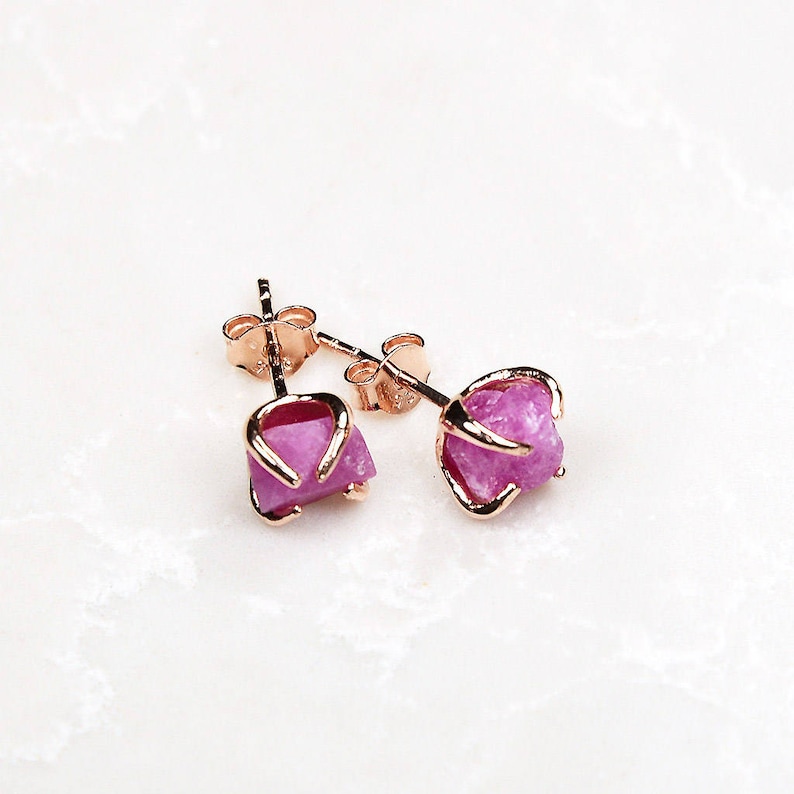 Bridesmaid Gift Rose Gold Pink Ruby Earrings Small ruby earrings Ruby Gold Earrings Raw Ruby Earrings Ruby studs Pink gemstone earring