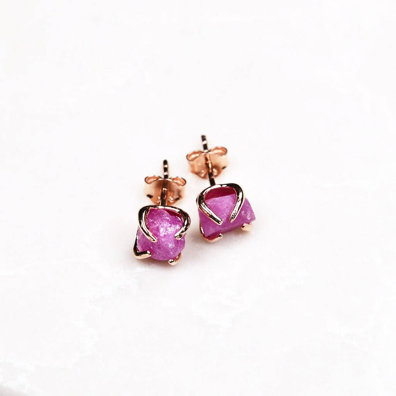 Bridesmaid Gift Rose Gold Pink Ruby Earrings Small ruby earrings Ruby Gold Earrings Raw Ruby Earrings Ruby studs Pink gemstone earring