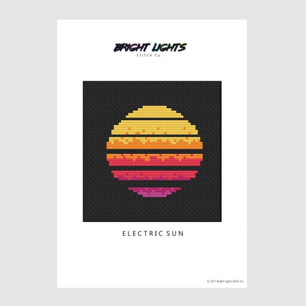 80s Neon Electric Sun cross stitch pattern digital download