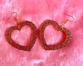 Kitsch Gold Glitter Heart Dangle Earrings