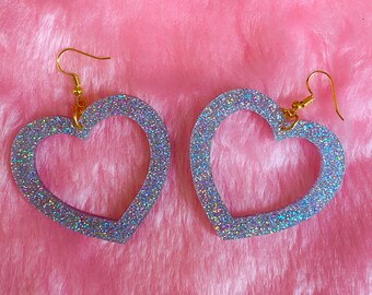 Kitsch Holographic Rainbow Glitter Heart Dangle Earrings