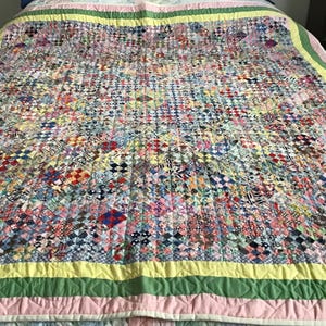 Great, vintage, 1940s, hand pieced, newly hand quilted, 58” x 65”, miniature 9-patch block quilt