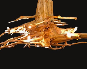 Rustic Driftwood Chandelier | Handmade Natural Wood Ceiling Light | Unique Organic Modern Lighting Fixture