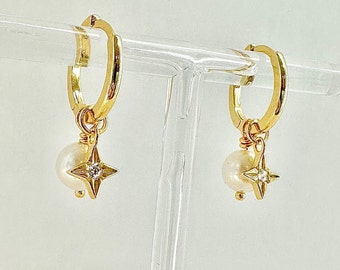 Pearl Earring, Mini Star Charm Earrings, Gold Tiny Pearl Huggies, Double Charm Starburst Earrings, J'adore Earring