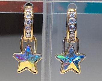 Crystal Star PadLock Charm Earrings, Star Drop Earring, Crystal Earrings w/ Thick CZ Huggies, Blue Star Huggies, Star Diamond Earring
